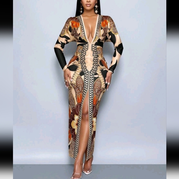 Women's Chain Print Slit Thigh Bodycon Dress, Sexy Deep V-Neck, High Waisted Pri - Picture 1 of 6